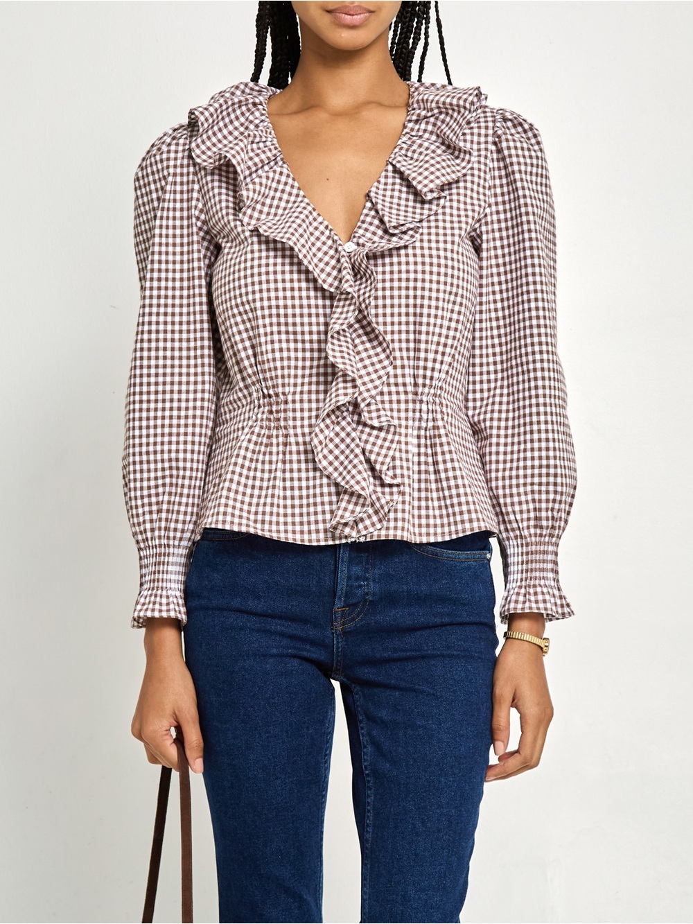 NWT Kourt Chandler Top size 6 Few Moda gingham ruffle long sleeve brown cotton